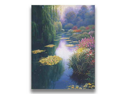 A painting of Claude Monet's garden pond in Giverny, France. Lily pads grow from the pond, and it is surrounded by willow trees and flower bushes. The famous green bridges often features in Monet's work can be seen across the pond. Printed on canvas.