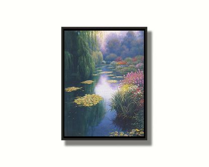 A painting of Claude Monet's garden pond in Giverny, France. Lily pads grow from the pond, and it is surrounded by willow trees and flower bushes. The famous green bridges often features in Monet's work can be seen across the pond. Printed on canvas in a float frame.