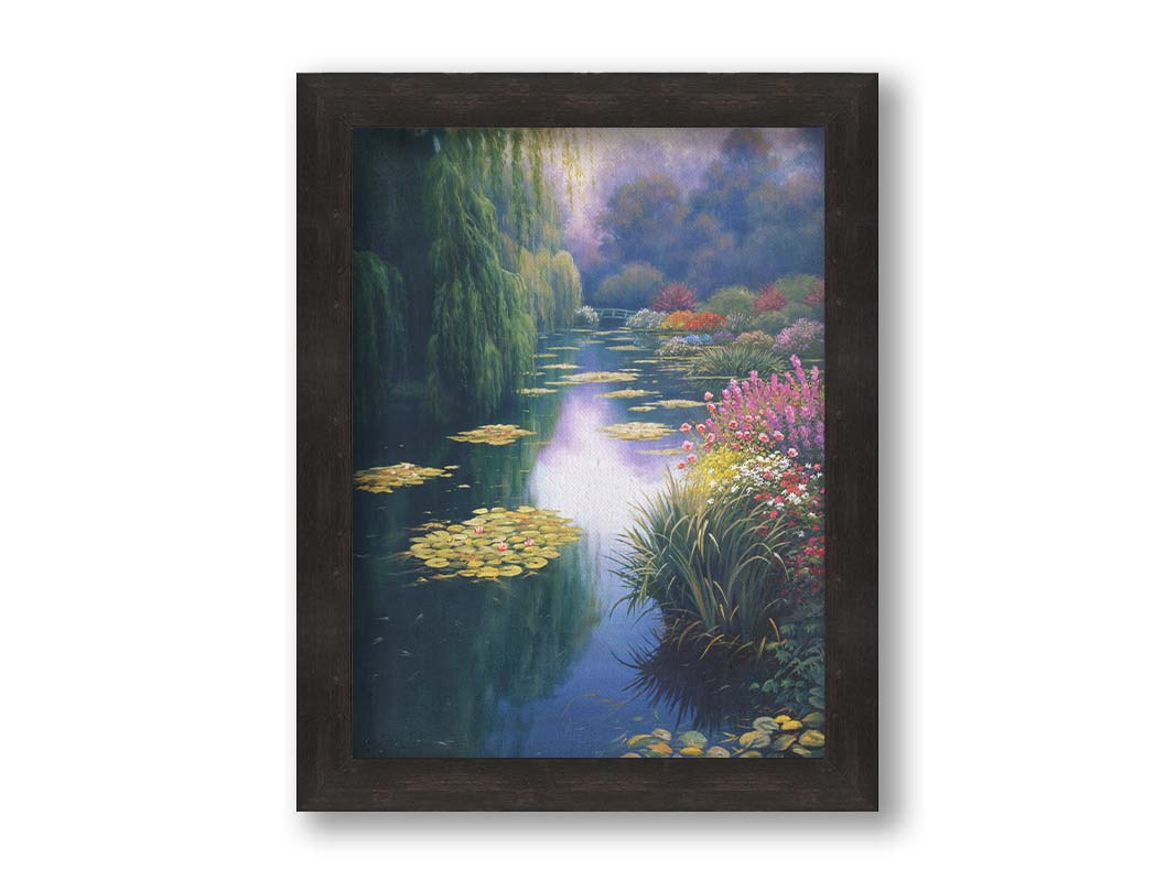 A painting of Claude Monet's garden pond in Giverny, France. Lily pads grow from the pond, and it is surrounded by willow trees and flower bushes. The famous green bridges often features in Monet's work can be seen across the pond. Printed on canvas and framed.