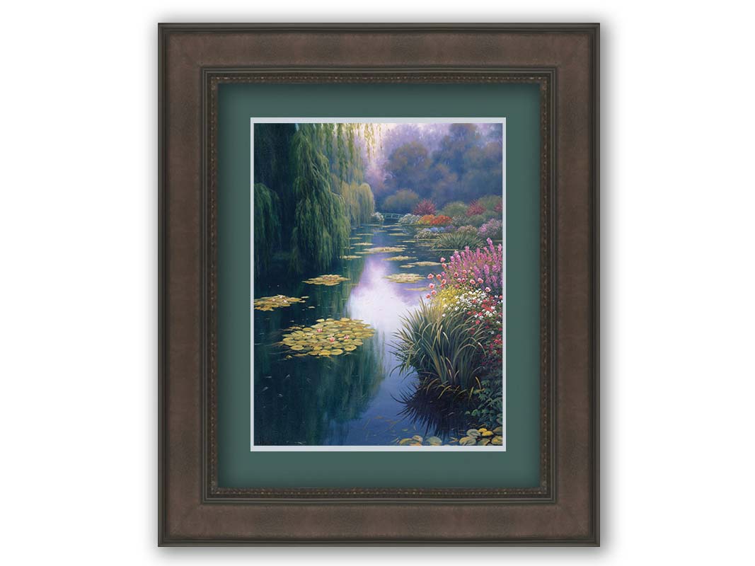 A painting of Claude Monet's garden pond in Giverny, France. Lily pads grow from the pond, and it is surrounded by willow trees and flower bushes. The famous green bridges often features in Monet's work can be seen across the pond. Printed on paper, matted, and framed.