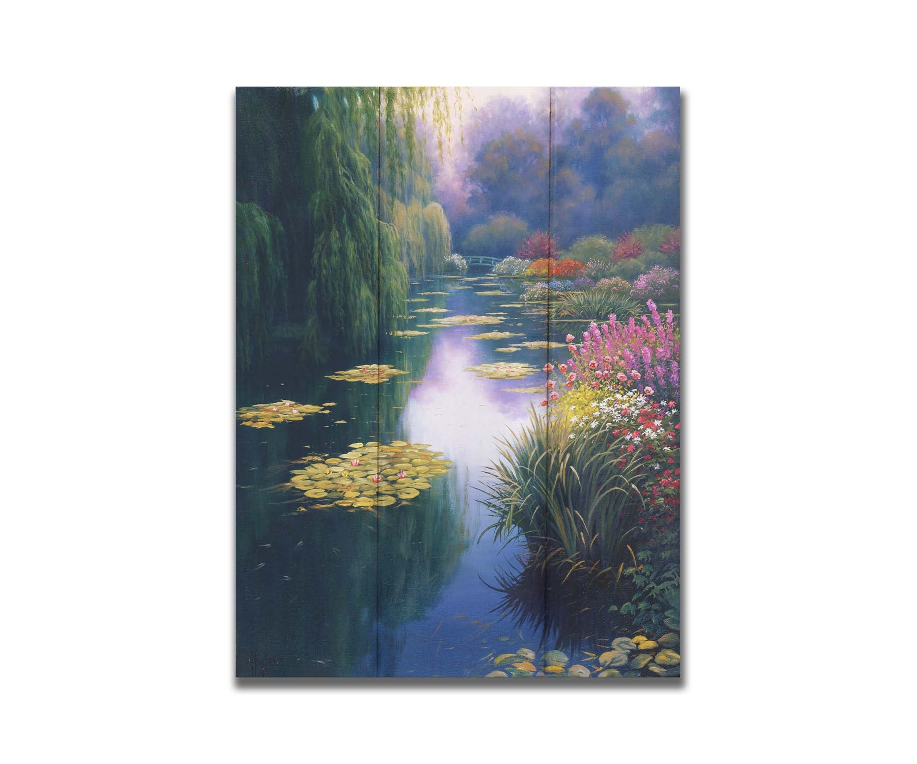 A painting of Claude Monet's garden pond in Giverny, France. Lily pads grow from the pond, and it is surrounded by willow trees and flower bushes. The famous green bridges often features in Monet's work can be seen across the pond. Printed on a box board.