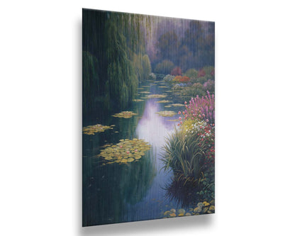 A painting of Claude Monet's garden pond in Giverny, France. Lily pads grow from the pond, and it is surrounded by willow trees and flower bushes. The famous green bridges often features in Monet's work can be seen across the pond. Printed on metal.