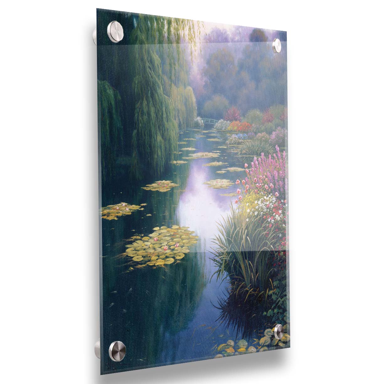 A painting of Claude Monet's garden pond in Giverny, France. Lily pads grow from the pond, and it is surrounded by willow trees and flower bushes. The famous green bridges often features in Monet's work can be seen across the pond. Printed on acrylic.