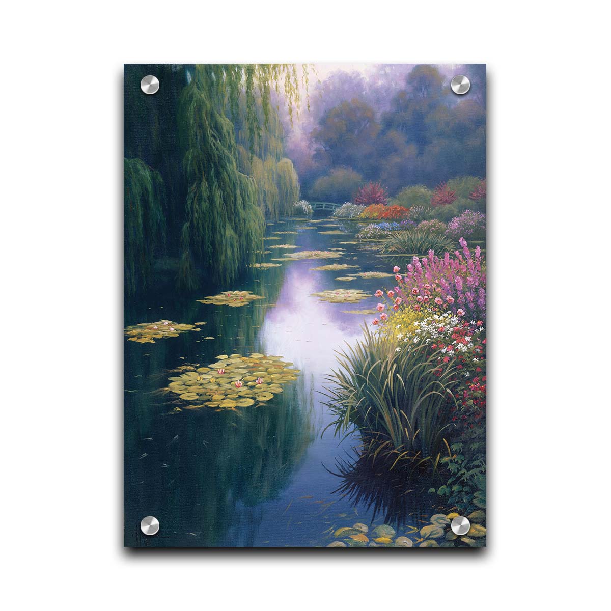 A painting of Claude Monet's garden pond in Giverny, France. Lily pads grow from the pond, and it is surrounded by willow trees and flower bushes. The famous green bridges often features in Monet's work can be seen across the pond. Printed on acrylic.