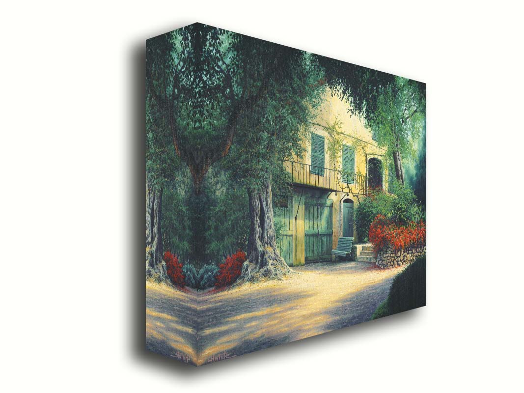 A painting of the farmhouse Impressionist painter Pierre-Auguste Renoir lived in at the end of his life. Located in Cagnes-sur-Mer, France, this yellow home is surrounded by lush trees and vibrant red flowers. Printed on canvas.