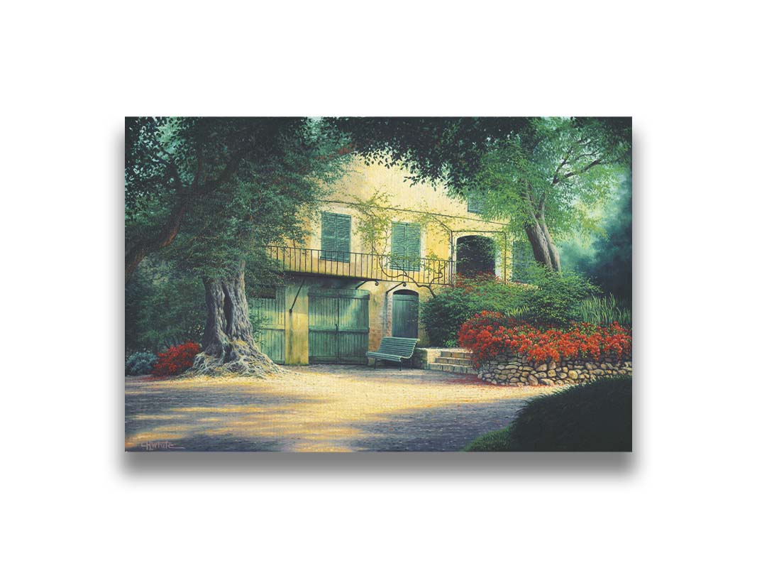 A painting of the farmhouse Impressionist painter Pierre-Auguste Renoir lived in at the end of his life. Located in Cagnes-sur-Mer, France, this yellow home is surrounded by lush trees and vibrant red flowers. Printed on canvas.