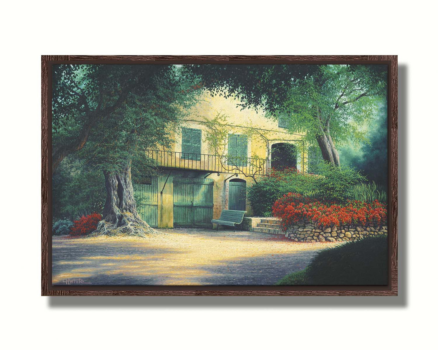 A painting of the farmhouse Impressionist painter Pierre-Auguste Renoir lived in at the end of his life. Located in Cagnes-sur-Mer, France, this yellow home is surrounded by lush trees and vibrant red flowers. Printed on canvas in a float frame.