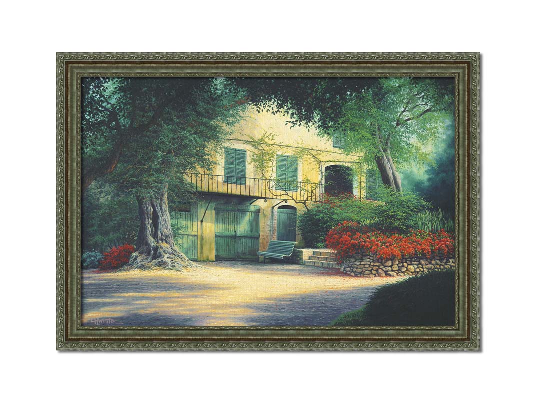 A painting of the farmhouse Impressionist painter Pierre-Auguste Renoir lived in at the end of his life. Located in Cagnes-sur-Mer, France, this yellow home is surrounded by lush trees and vibrant red flowers. Printed on canvas and framed.