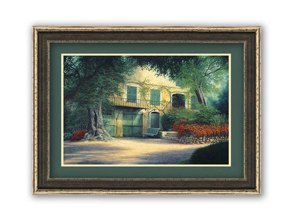 A painting of the farmhouse Impressionist painter Pierre-Auguste Renoir lived in at the end of his life. Located in Cagnes-sur-Mer, France, this yellow home is surrounded by lush trees and vibrant red flowers. Printed on paper, matted, and framed.