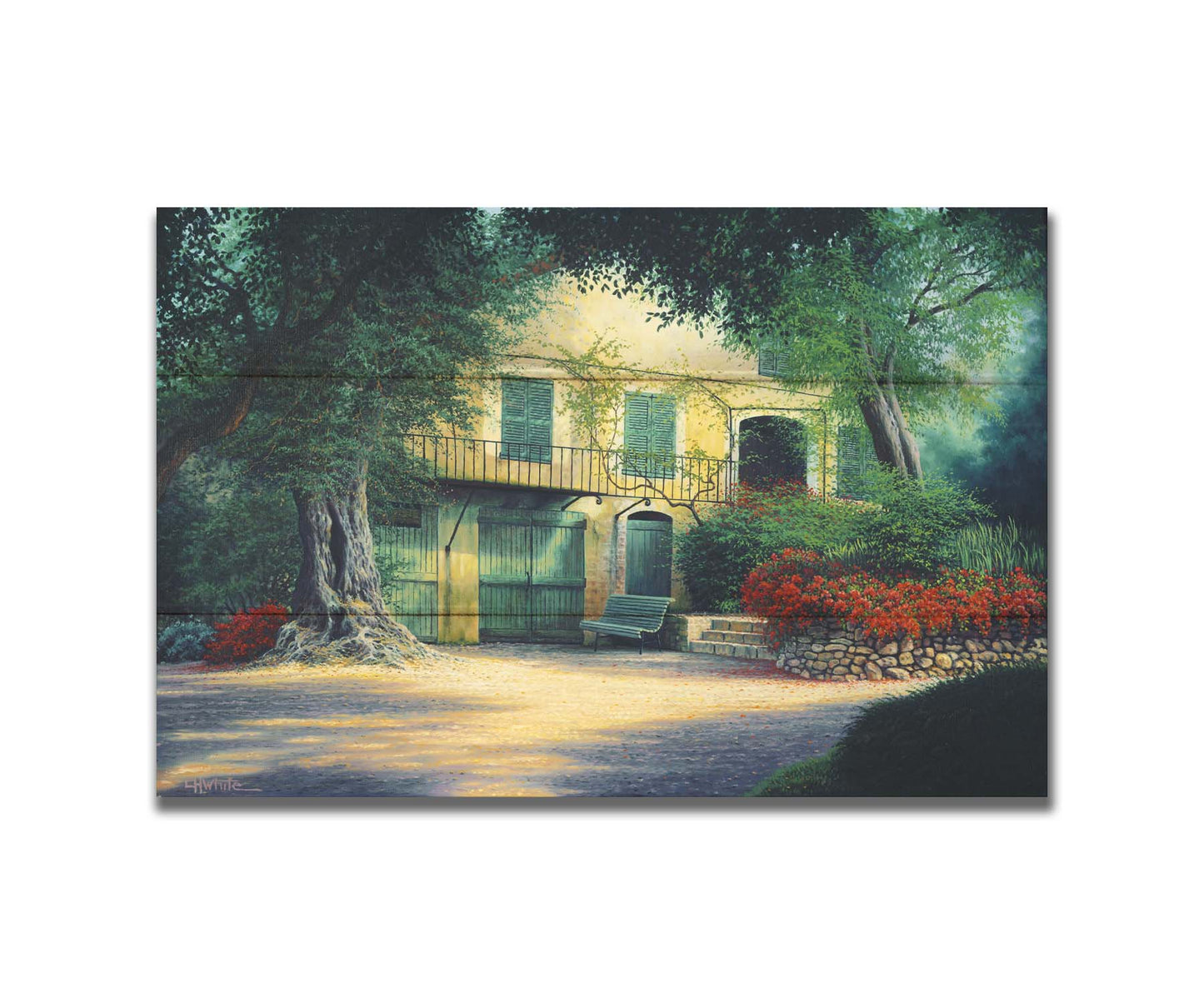 A painting of the farmhouse Impressionist painter Pierre-Auguste Renoir lived in at the end of his life. Located in Cagnes-sur-Mer, France, this yellow home is surrounded by lush trees and vibrant red flowers. Printed on a box board.