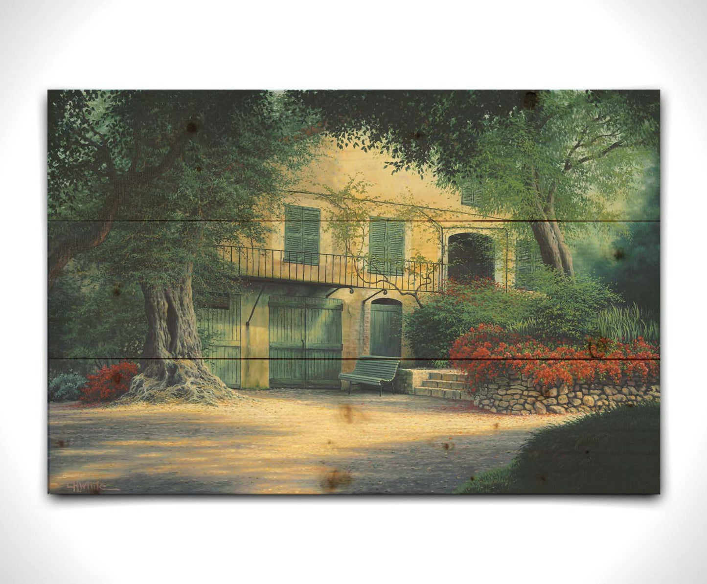 A painting of the farmhouse Impressionist painter Pierre-Auguste Renoir lived in at the end of his life. Located in Cagnes-sur-Mer, France, this yellow home is surrounded by lush trees and vibrant red flowers. Printed on a wood pallet.