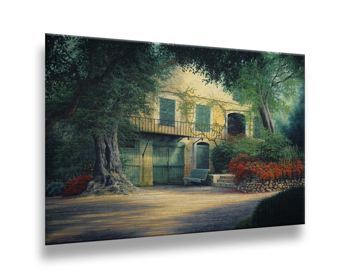 A painting of the farmhouse Impressionist painter Pierre-Auguste Renoir lived in at the end of his life. Located in Cagnes-sur-Mer, France, this yellow home is surrounded by lush trees and vibrant red flowers. Printed on metal.