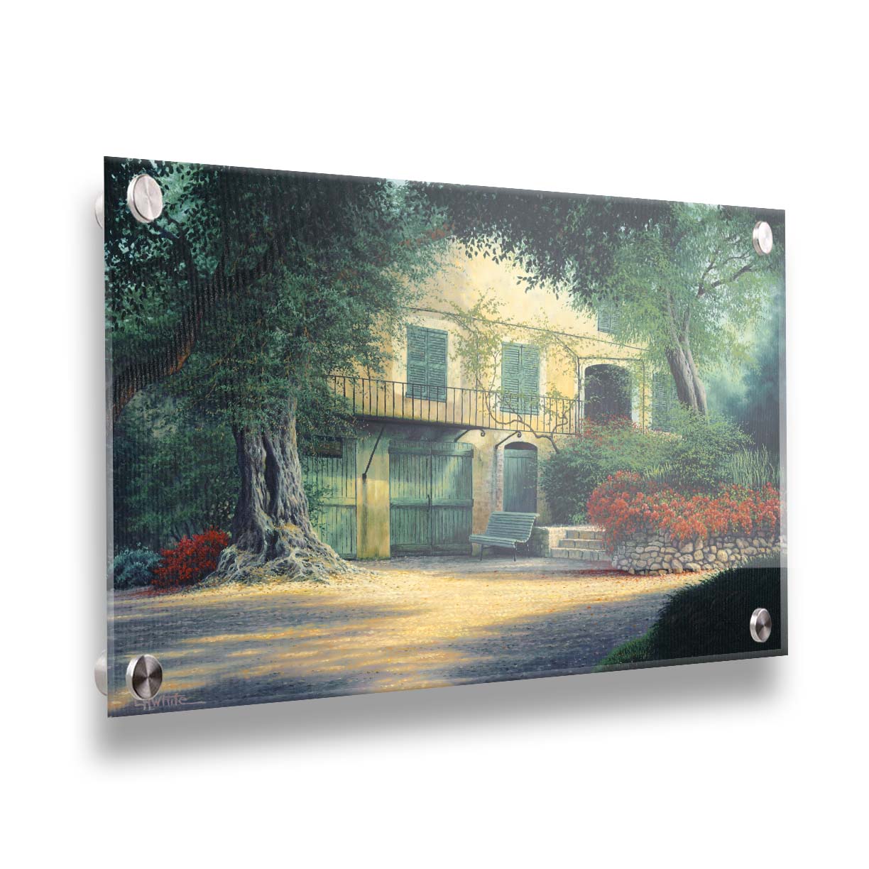 A painting of the farmhouse Impressionist painter Pierre-Auguste Renoir lived in at the end of his life. Located in Cagnes-sur-Mer, France, this yellow home is surrounded by lush trees and vibrant red flowers. Printed on acrylic.