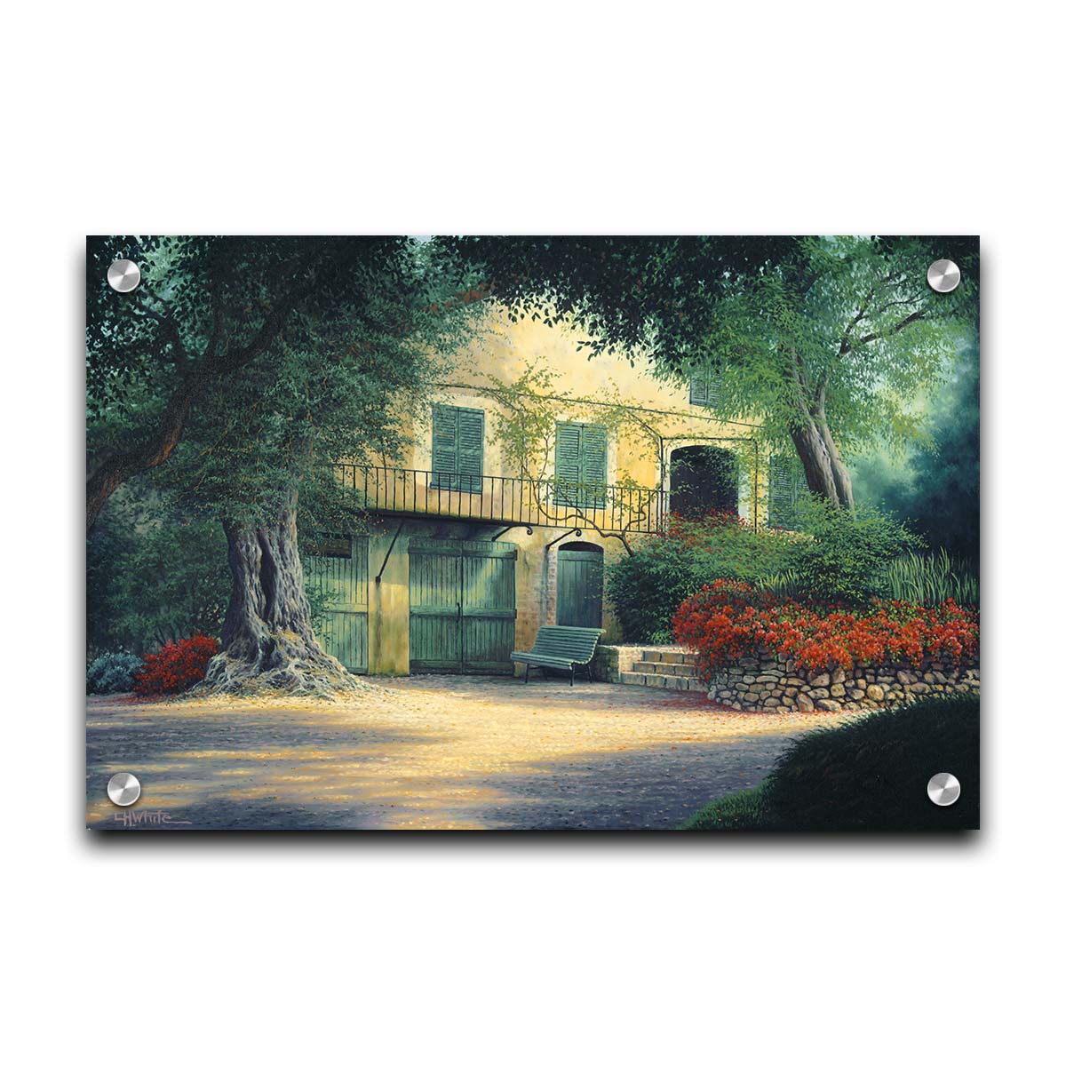 A painting of the farmhouse Impressionist painter Pierre-Auguste Renoir lived in at the end of his life. Located in Cagnes-sur-Mer, France, this yellow home is surrounded by lush trees and vibrant red flowers. Printed on acrylic.