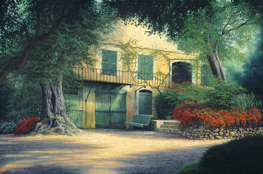A painting of the farmhouse Impressionist painter Pierre-Auguste Renoir lived in at the end of his life. Located in Cagnes-sur-Mer, France, this yellow home is surrounded by lush trees and vibrant red flowers.