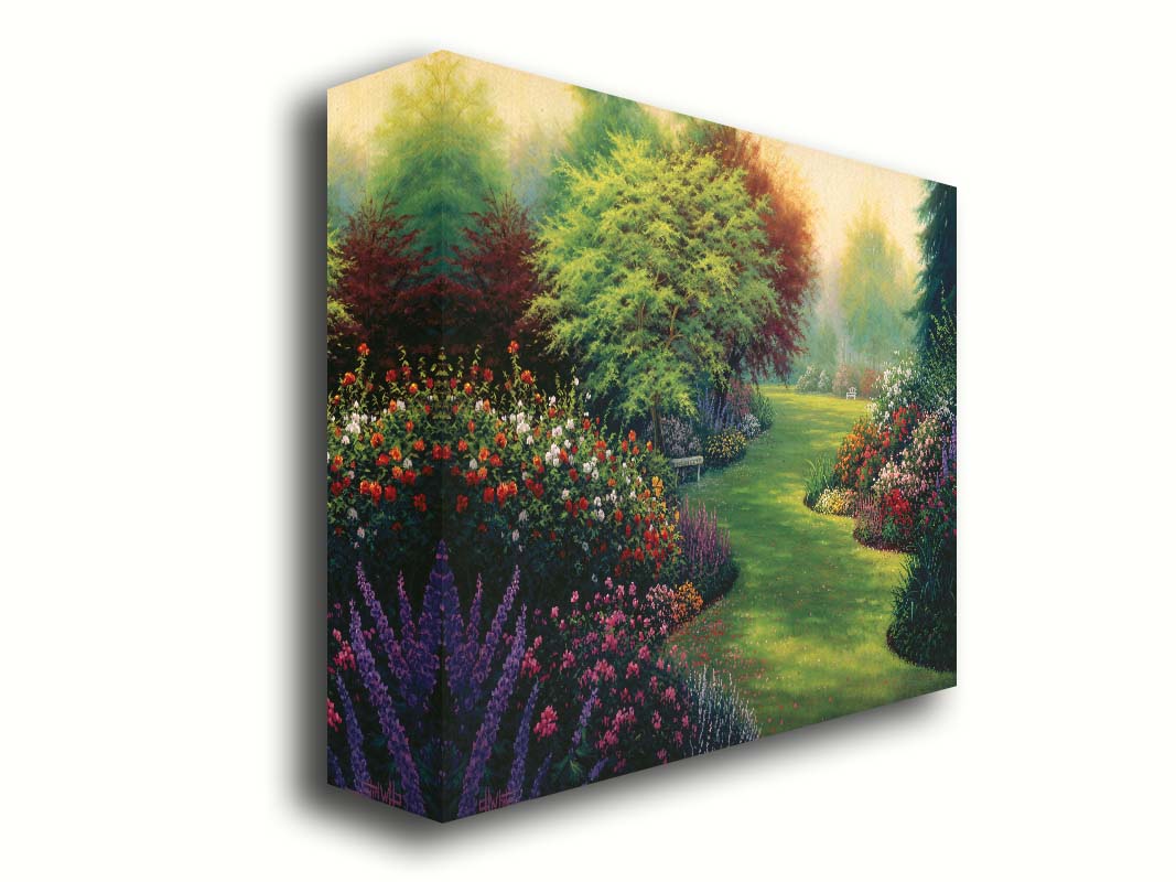 A painting of abundant flower gardens in all colors, with a lawn in between. Benches sit on the lawn, beneath blossoming trees. Printed on canvas.