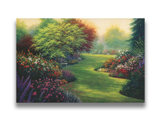 A painting of abundant flower gardens in all colors, with a lawn in between. Benches sit on the lawn, beneath blossoming trees. Printed on canvas.