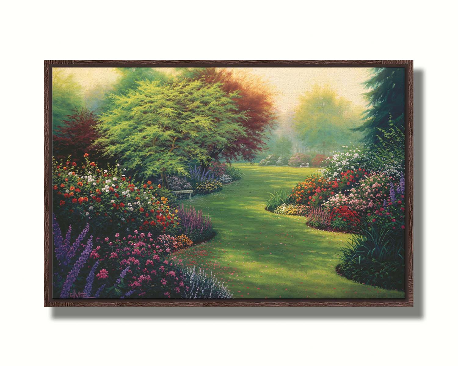 A painting of abundant flower gardens in all colors, with a lawn in between. Benches sit on the lawn, beneath blossoming trees. Printed on canvas in a float frame.