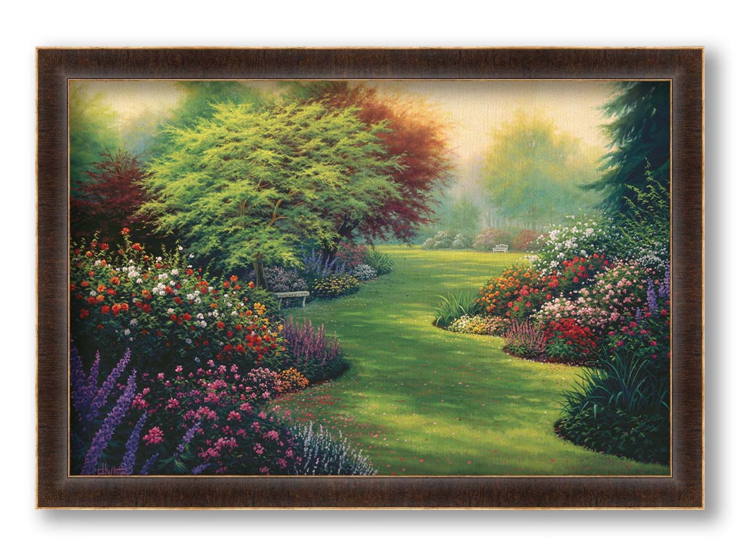 A painting of abundant flower gardens in all colors, with a lawn in between. Benches sit on the lawn, beneath blossoming trees. Printed on canvas and framed.