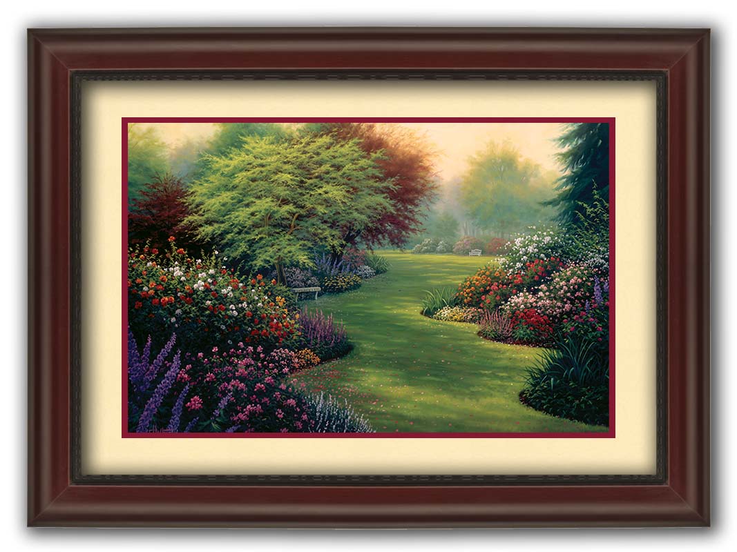 A painting of abundant flower gardens in all colors, with a lawn in between. Benches sit on the lawn, beneath blossoming trees. Printed on paper, matted, and framed.