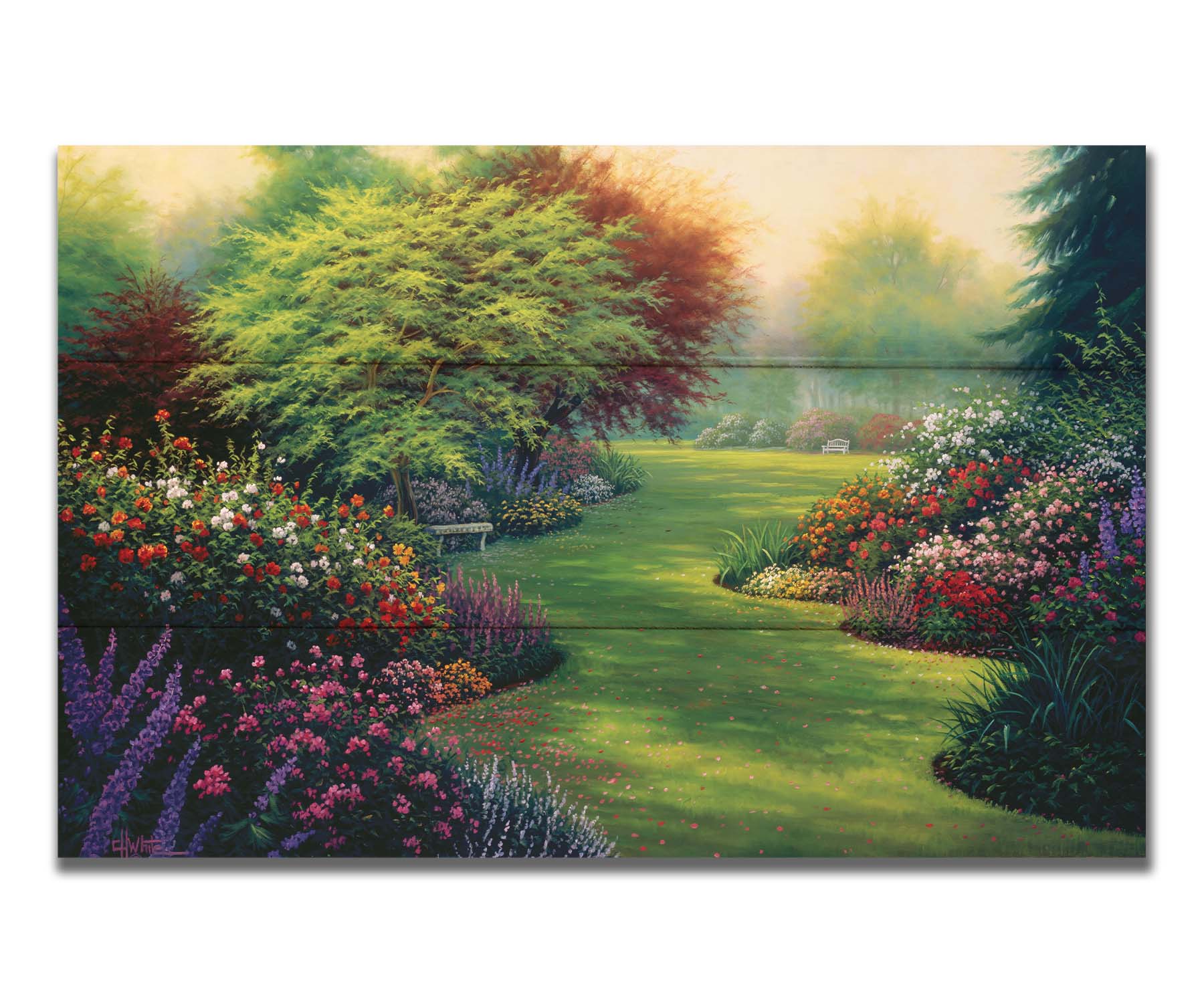 A painting of abundant flower gardens in all colors, with a lawn in between. Benches sit on the lawn, beneath blossoming trees. Printed on a box board.