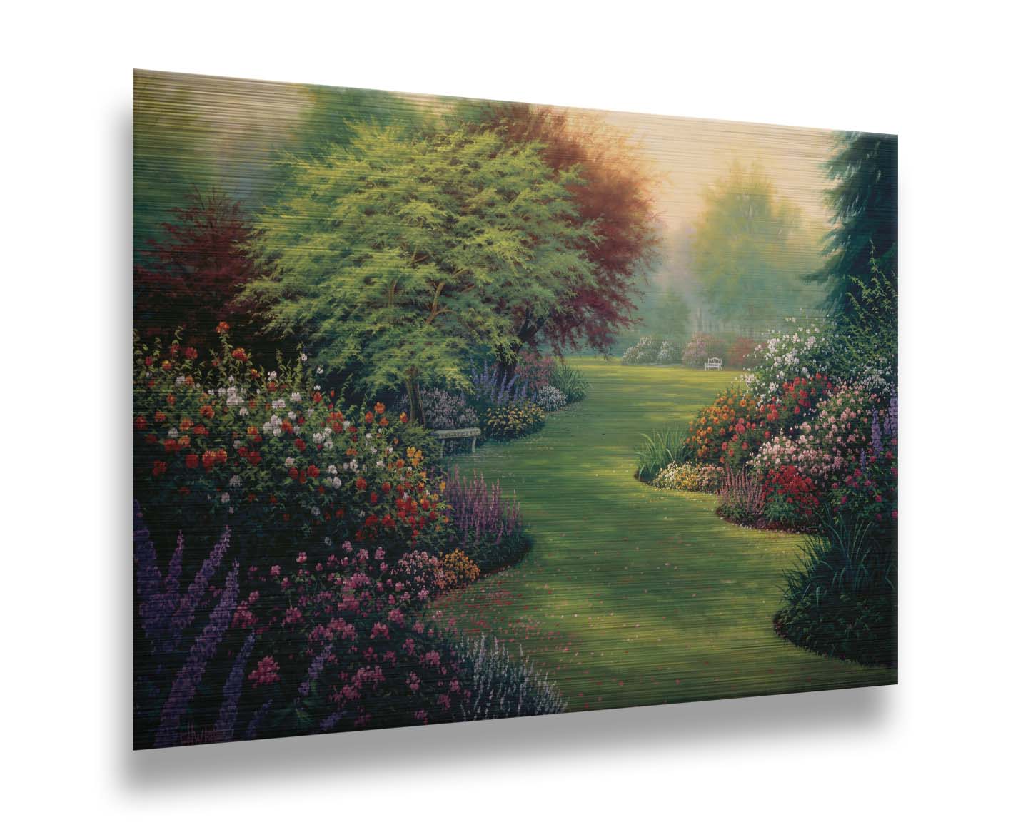 A painting of abundant flower gardens in all colors, with a lawn in between. Benches sit on the lawn, beneath blossoming trees. Printed on metal.