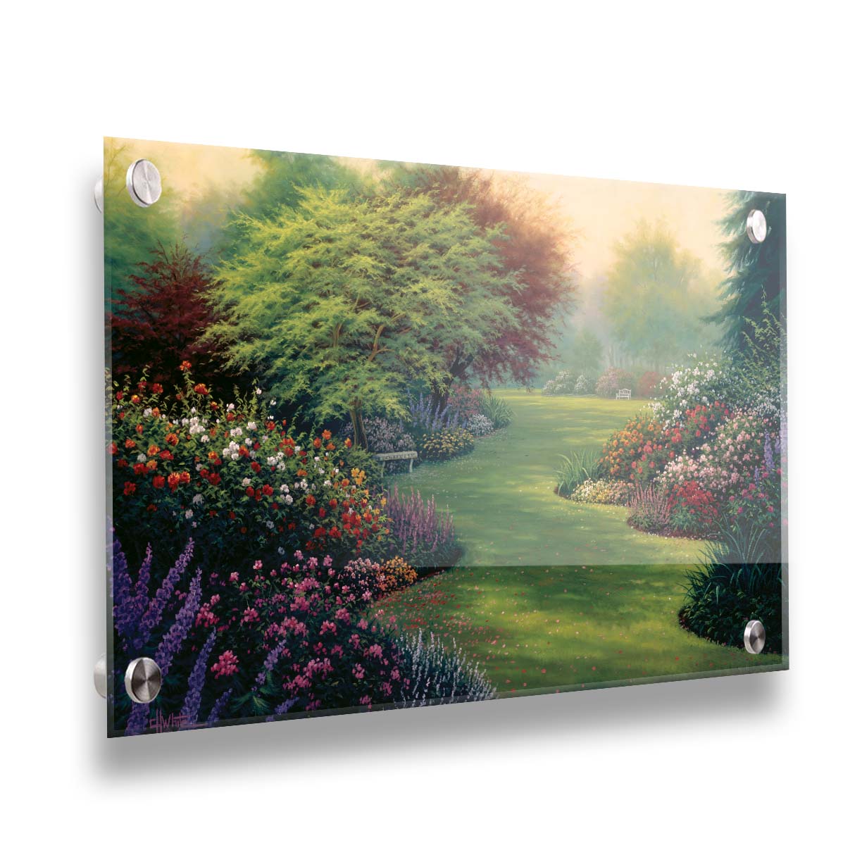 A painting of abundant flower gardens in all colors, with a lawn in between. Benches sit on the lawn, beneath blossoming trees. Printed on acrylic.