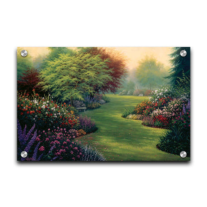 A painting of abundant flower gardens in all colors, with a lawn in between. Benches sit on the lawn, beneath blossoming trees. Printed on acrylic.