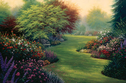 A painting of abundant flower gardens in all colors, with a lawn in between. Benches sit on the lawn, beneath blossoming trees.