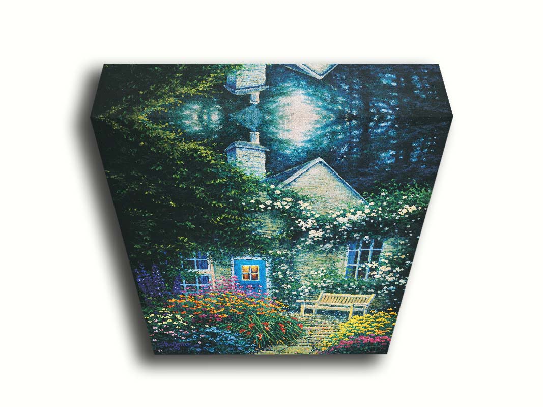 A painting of a cottage and stone path with a bench, all surrounded by colorful flower bushes and vines. Printed on canvas.