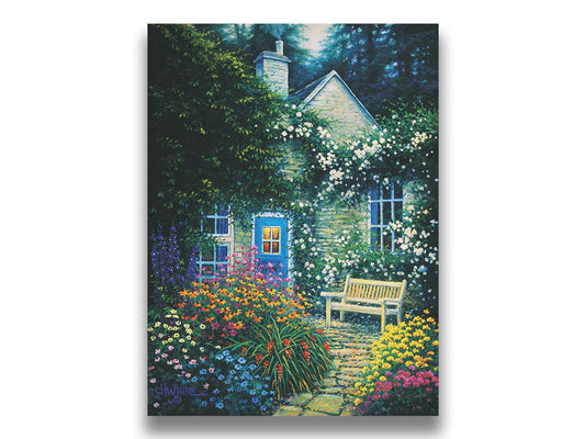 A painting of a cottage and stone path with a bench, all surrounded by colorful flower bushes and vines. Printed on canvas.