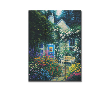 A painting of a cottage and stone path with a bench, all surrounded by colorful flower bushes and vines. Printed on a box board.