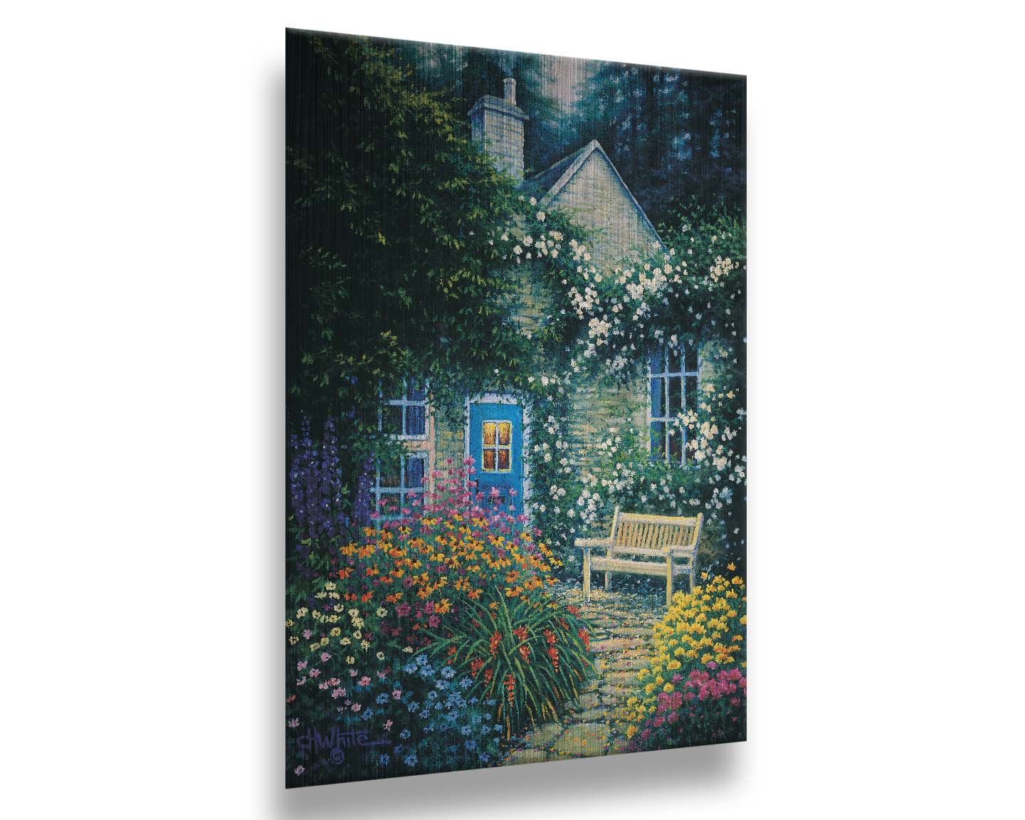 A painting of a cottage and stone path with a bench, all surrounded by colorful flower bushes and vines. Printed on metal.