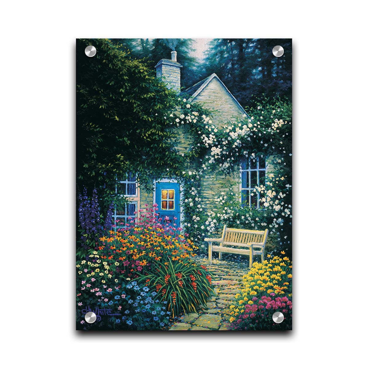 A painting of a cottage and stone path with a bench, all surrounded by colorful flower bushes and vines. Printed on acrylic.