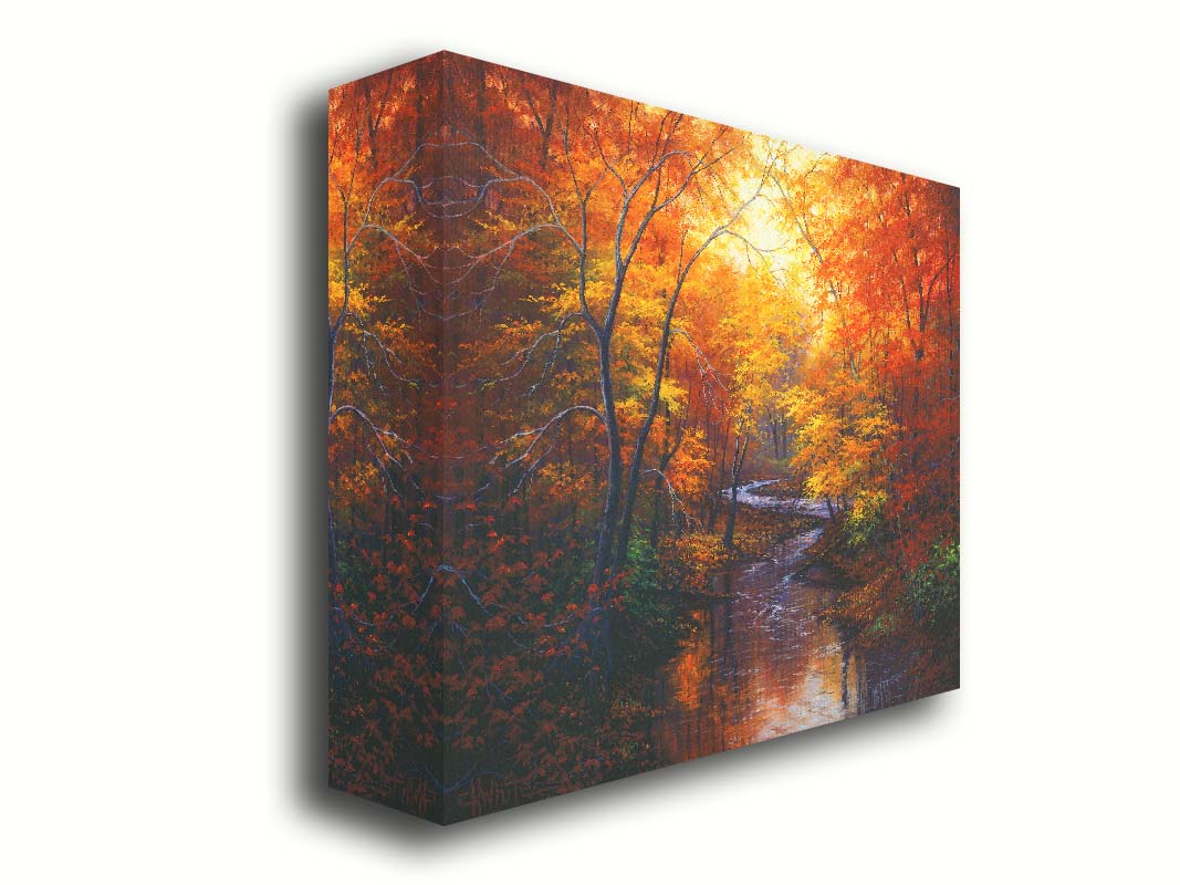 A painting of a stream through a forest in autumn. Warm hues dominate the scene, with red, orange, and yellow leaves and deep brown grasses and wood. Printed on canvas.