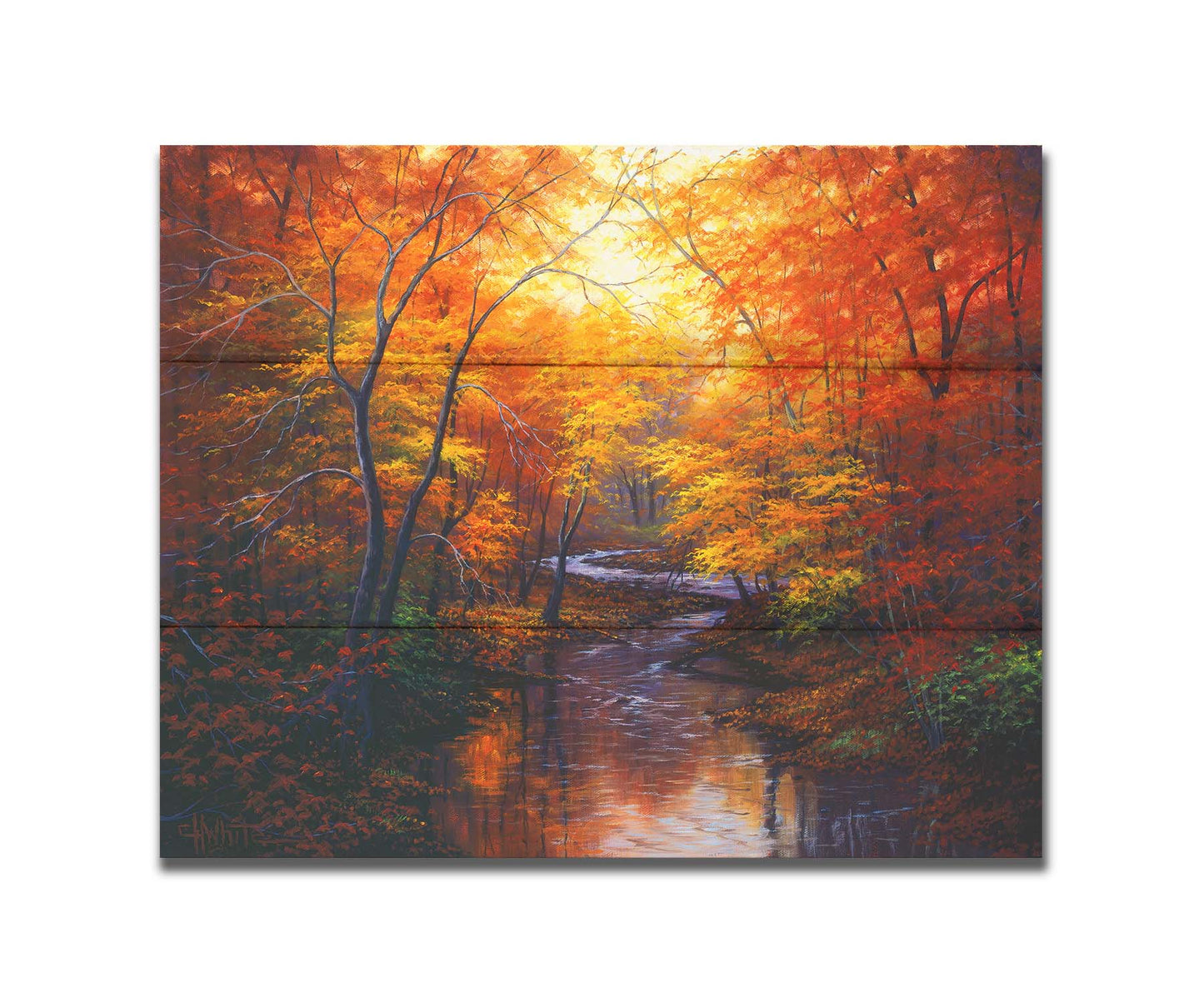 A painting of a stream through a forest in autumn. Warm hues dominate the scene, with red, orange, and yellow leaves and deep brown grasses and wood. Printed on a box board.