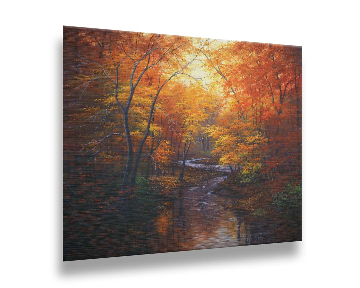 A painting of a stream through a forest in autumn. Warm hues dominate the scene, with red, orange, and yellow leaves and deep brown grasses and wood. Printed on metal.