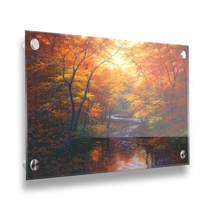 A painting of a stream through a forest in autumn. Warm hues dominate the scene, with red, orange, and yellow leaves and deep brown grasses and wood. Printed on acrylic.