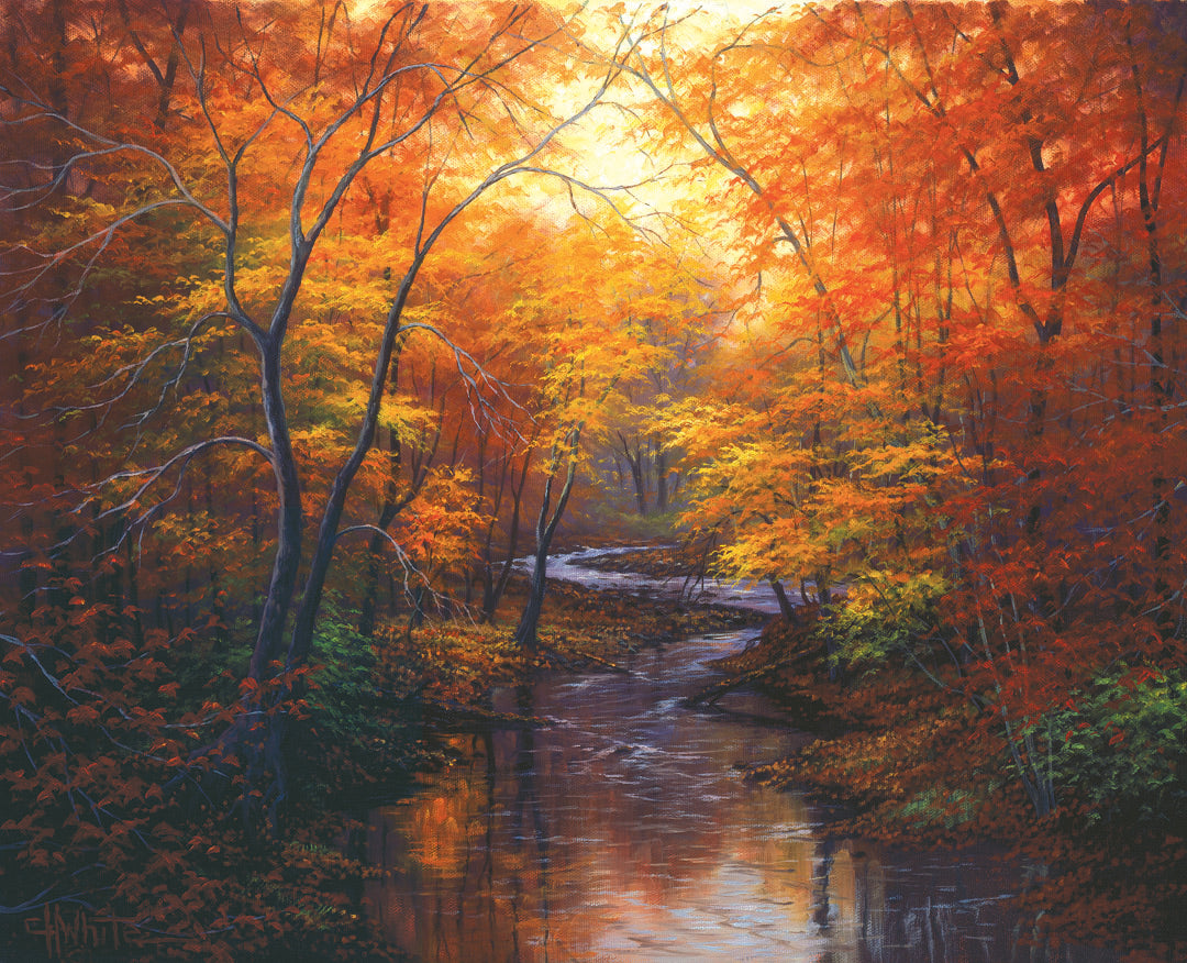 A painting of a stream through a forest in autumn. Warm hues dominate the scene, with red, orange, and yellow leaves and deep brown grasses and wood. 