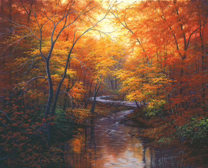 A painting of a stream through a forest in autumn. Warm hues dominate the scene, with red, orange, and yellow leaves and deep brown grasses and wood. 