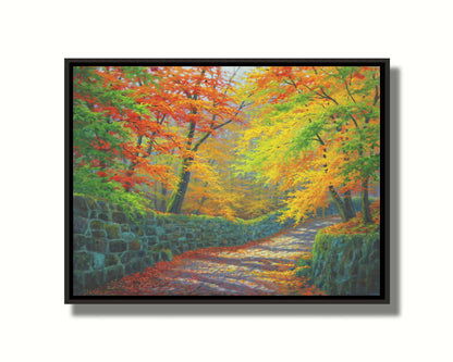 A painting of a stone road through a forest. It is bordered by stone walls on either side. The leaves of the trees are changing colors and dropping to the ground for fall. Printed on canvas in a float frame.