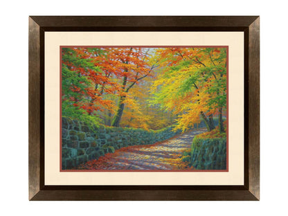 A painting of a stone road through a forest. It is bordered by stone walls on either side. The leaves of the trees are changing colors and dropping to the ground for fall. Printed on paper, matted, and framed.