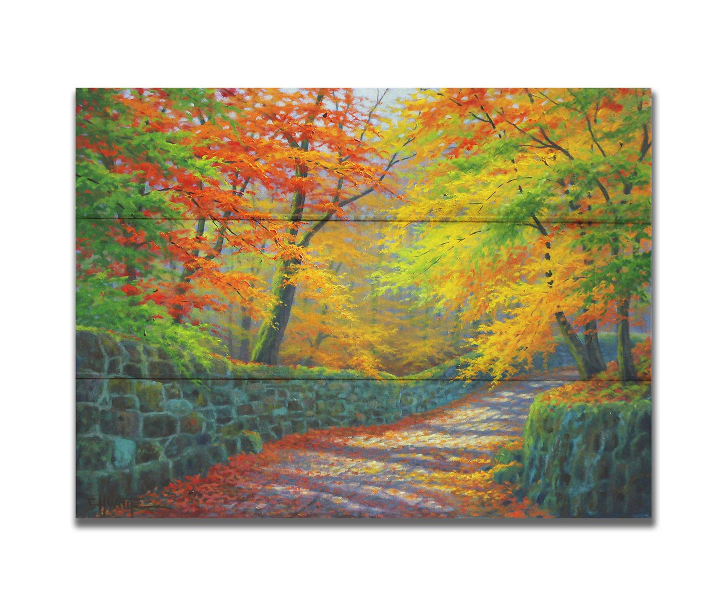 A painting of a stone road through a forest. It is bordered by stone walls on either side. The leaves of the trees are changing colors and dropping to the ground for fall. Printed on a box board.