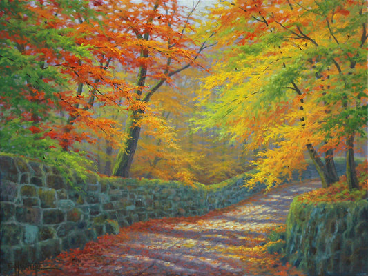 A painting of a stone road through a forest. It is bordered by stone walls on either side. The leaves of the trees are changing colors and dropping to the ground for fall.
