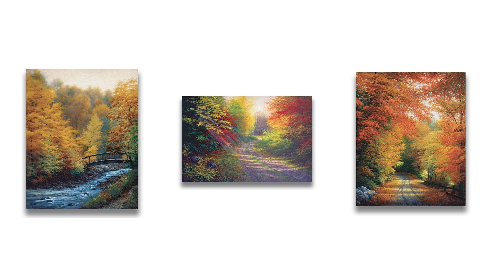 A collection of landscape paintings depicting autumn scenery. Forests of orange, yellow, red, and green trees line roads and rivers beneath white skies. Light trickles down through the leaves in a beautiful dreamlike appearance. Printed on canvas.