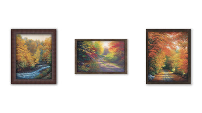 A collection of landscape paintings depicting autumn scenery. Forests of orange, yellow, red, and green trees line roads and rivers beneath white skies. Light trickles down through the leaves in a beautiful dreamlike appearance. Printed on canvas and framed.