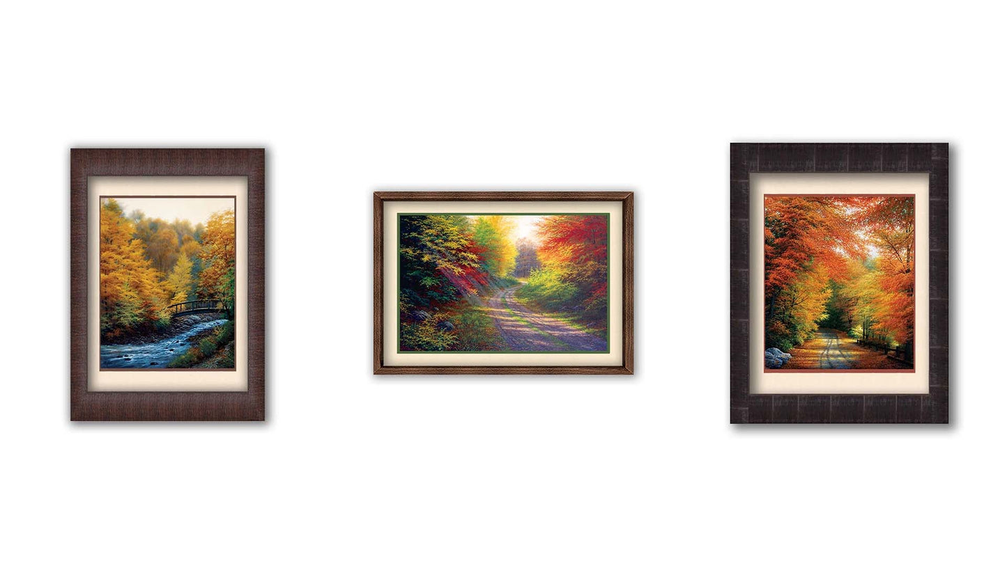 A collection of landscape paintings depicting autumn scenery. Forests of orange, yellow, red, and green trees line roads and rivers beneath white skies. Light trickles down through the leaves in a beautiful dreamlike appearance. Printed on paper, matted, and framed.