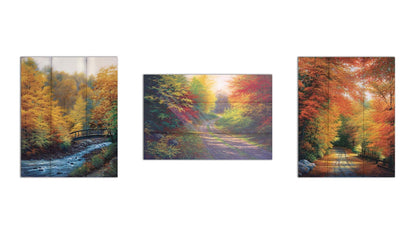 A collection of landscape paintings depicting autumn scenery. Forests of orange, yellow, red, and green trees line roads and rivers beneath white skies. Light trickles down through the leaves in a beautiful dreamlike appearance. Printed on a box board.