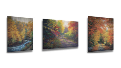 A collection of landscape paintings depicting autumn scenery. Forests of orange, yellow, red, and green trees line roads and rivers beneath white skies. Light trickles down through the leaves in a beautiful dreamlike appearance. Printed on metal.