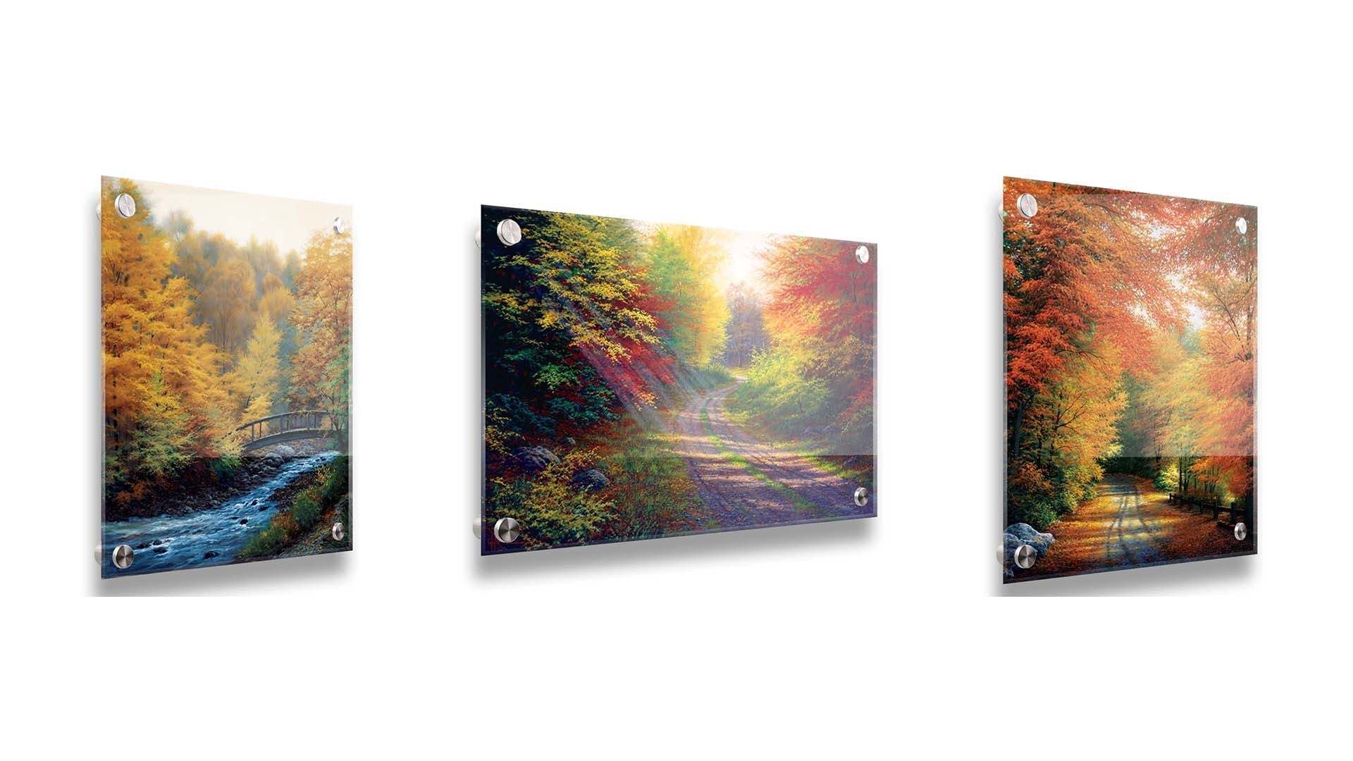 A collection of landscape paintings depicting autumn scenery. Forests of orange, yellow, red, and green trees line roads and rivers beneath white skies. Light trickles down through the leaves in a beautiful dreamlike appearance. Printed on acrylic.